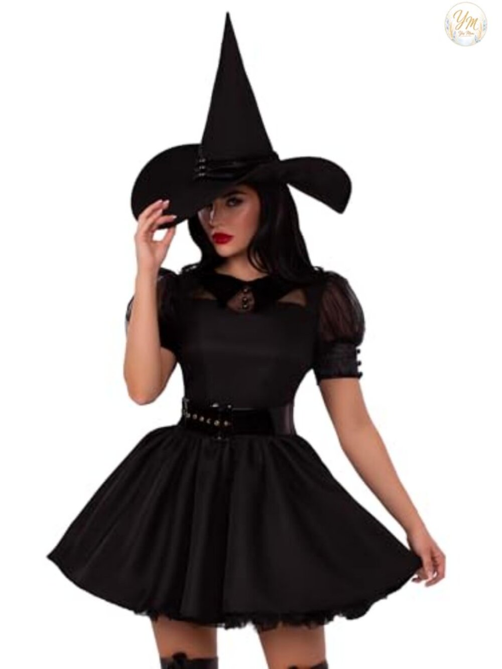 Witch Costume Pin-Up Dress Belt Hat Halloween Cosplay Set